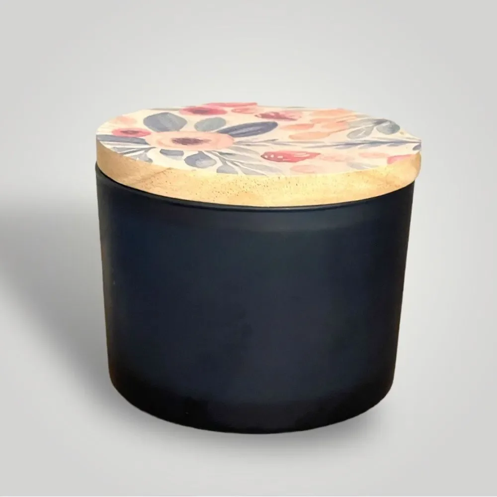 Sapphire Blue Canister with Wooden Flower Painted Sealing Lid 18 oz